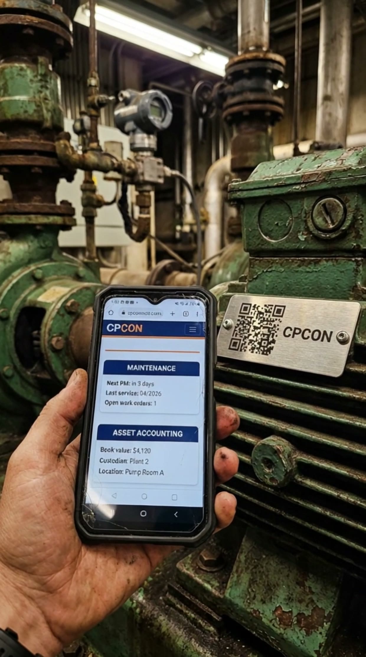 Technician scanning an asset tag with a phone on the plant floor