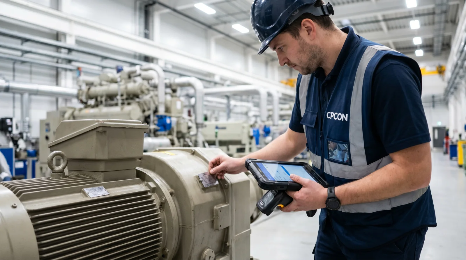 CPCON specialist applying a barcode asset tag to capital equipment and reconciling it on a tablet in an industrial plant