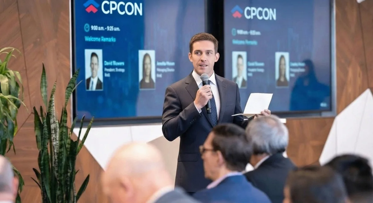 CPCON executive presenting at a corporate event with branded CPCON screens and audience
