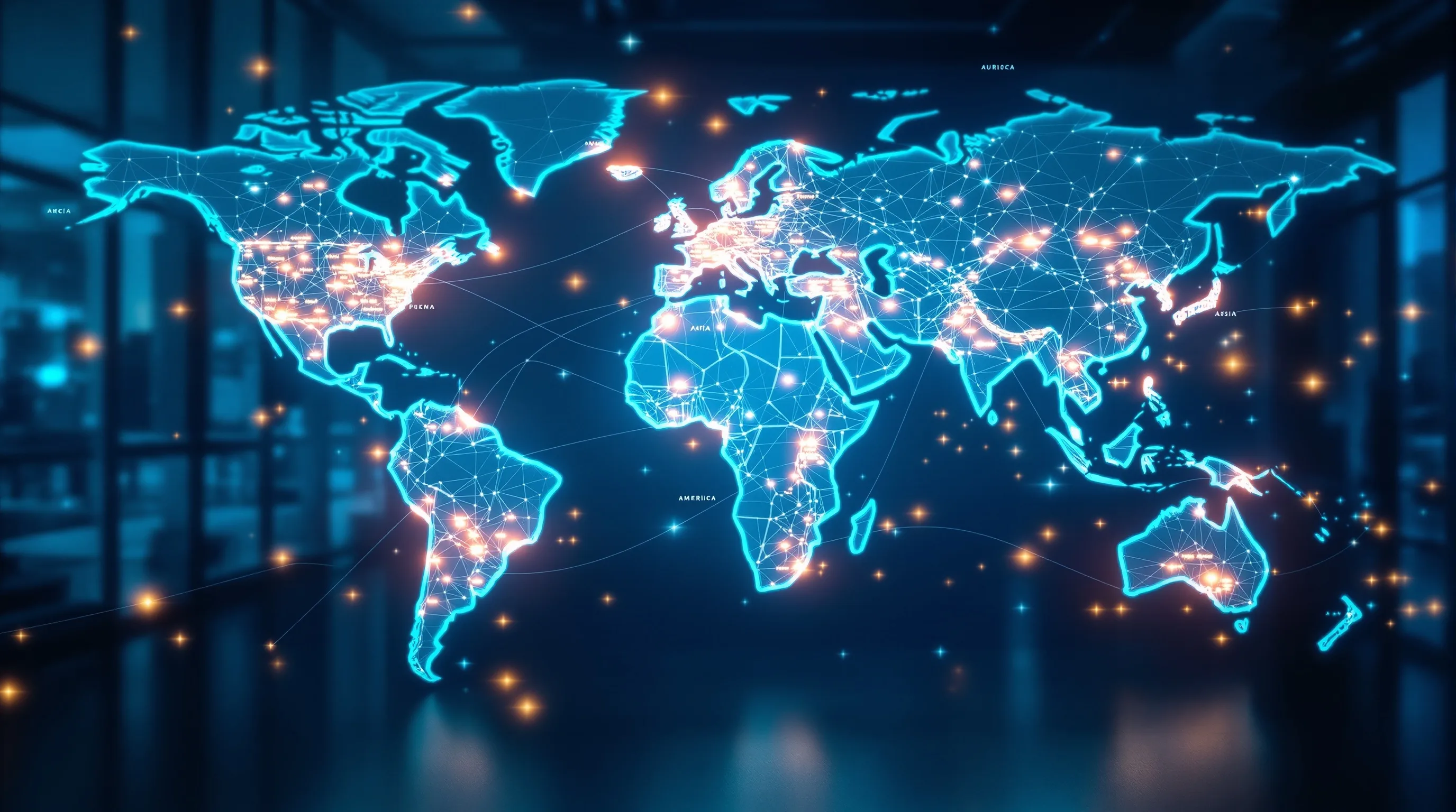 Digital world map with illuminated network connections across Americas, Europe, Asia, and Australia