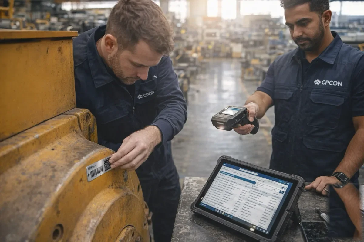 CPCON technician physically verifying an asset tag on industrial machinery against IMMEX import records