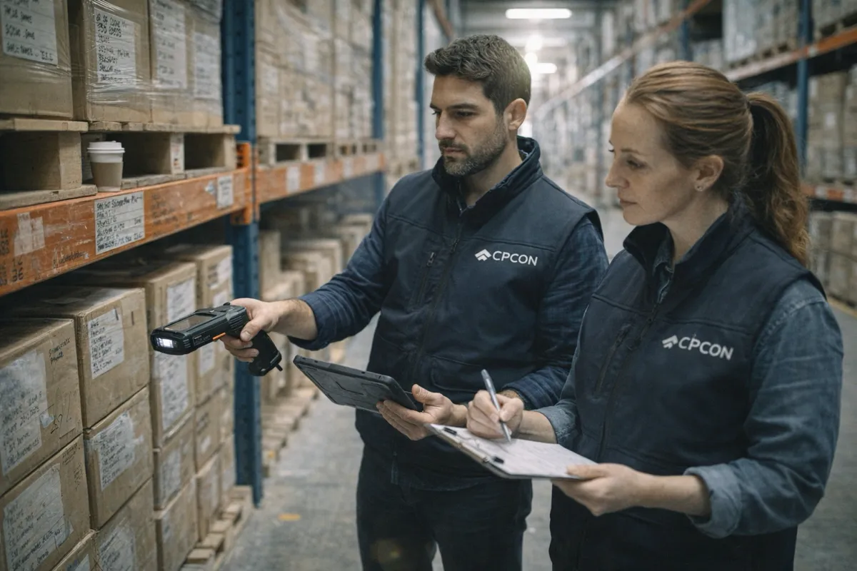 Inventory auditors counting and verifying stacked inventory on warehouse racking to substantiate an ASC 330 inventory balance