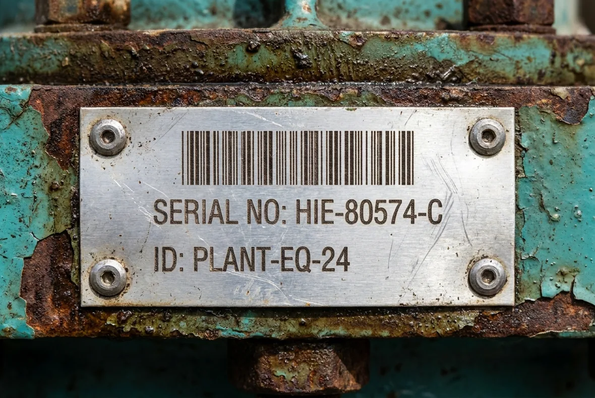 A pristine riveted anodized-aluminum asset tag with a barcode and serial number remaining legible on heavily corroded, weathered industrial equipment