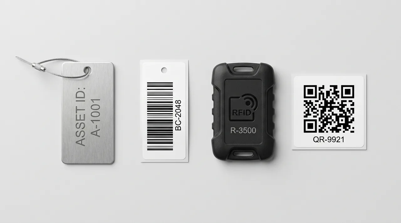 Four asset tag types side by side: a brushed-metal aluminum asset ID tag, a polyester barcode label, a rugged industrial RFID hard tag, and a QR-code label