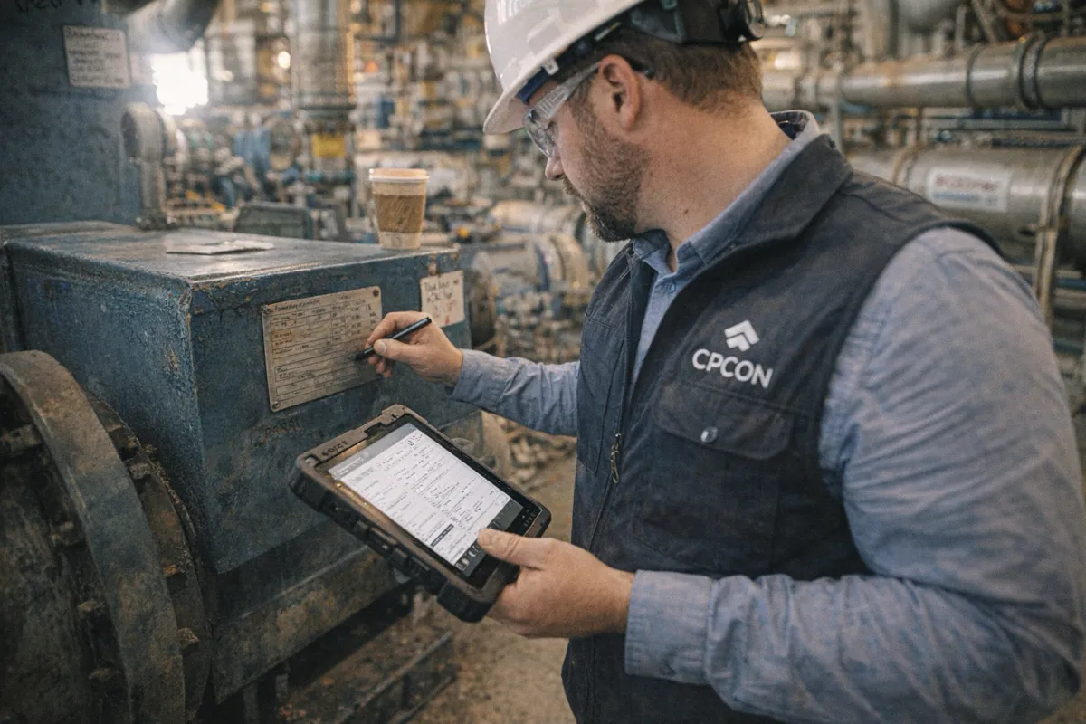 Field technician capturing equipment nameplate data on a mobile device during a plant-floor CMMS data collection walkdown