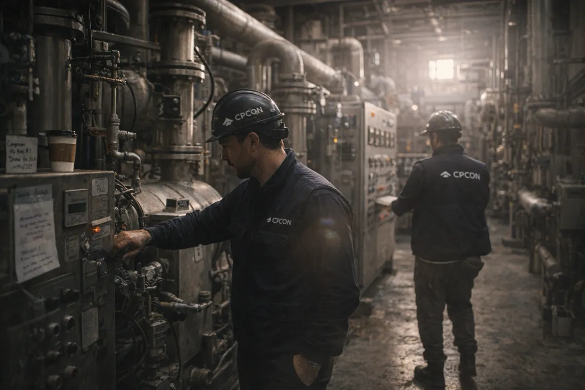 CPCON field team collecting and verifying CMMS asset data on the plant floor with mobile devices among industrial process equipment