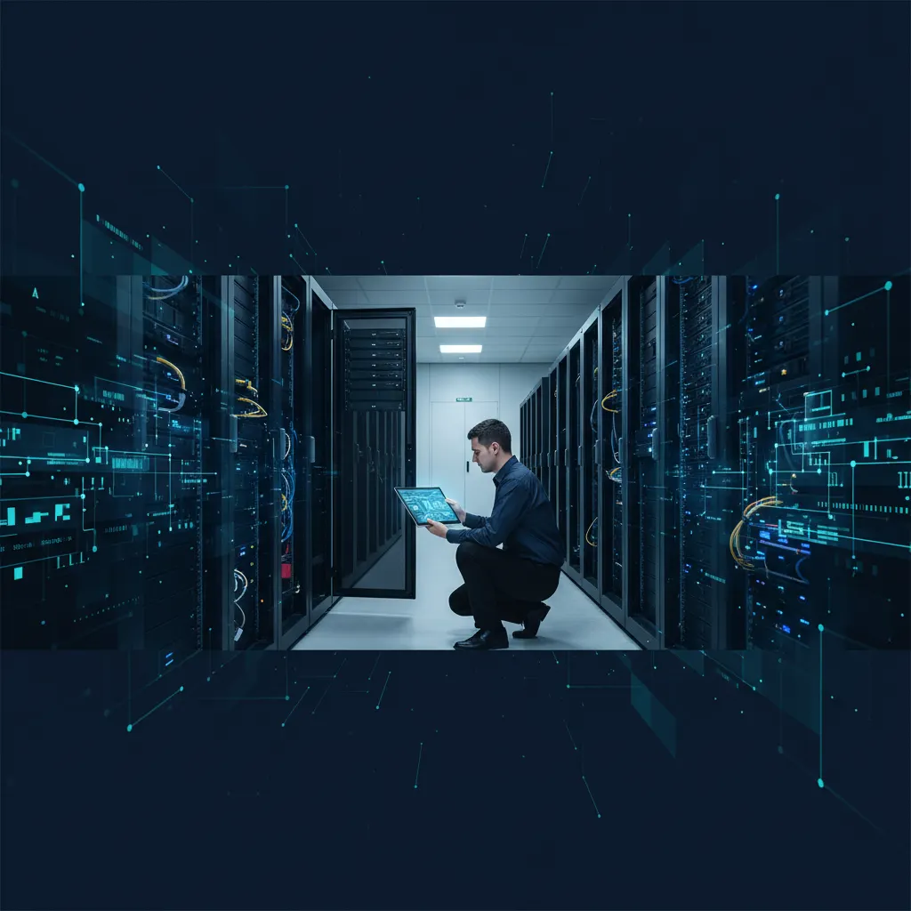 Data center asset inventory - server racks with blue LED lights and IT technician