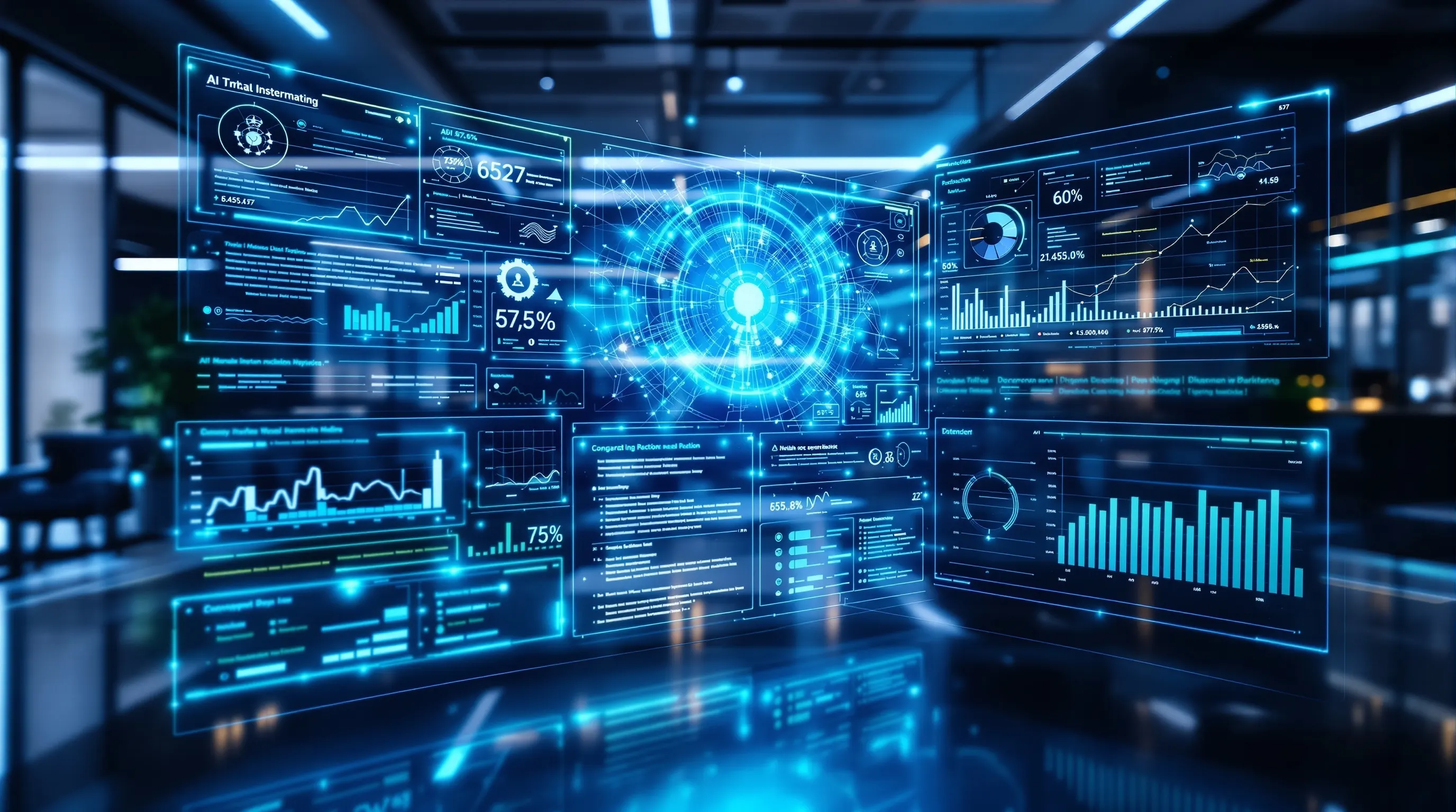 Holographic AI analytics dashboard with data charts, KPIs, and predictive inventory metrics in a modern office