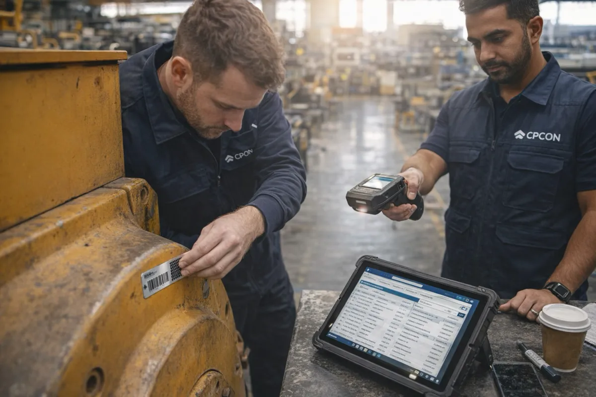 CPCON technicians in navy CPCON vests applying and scanning barcode and RFID asset tags on industrial machinery during a count-and-tag fixed asset project