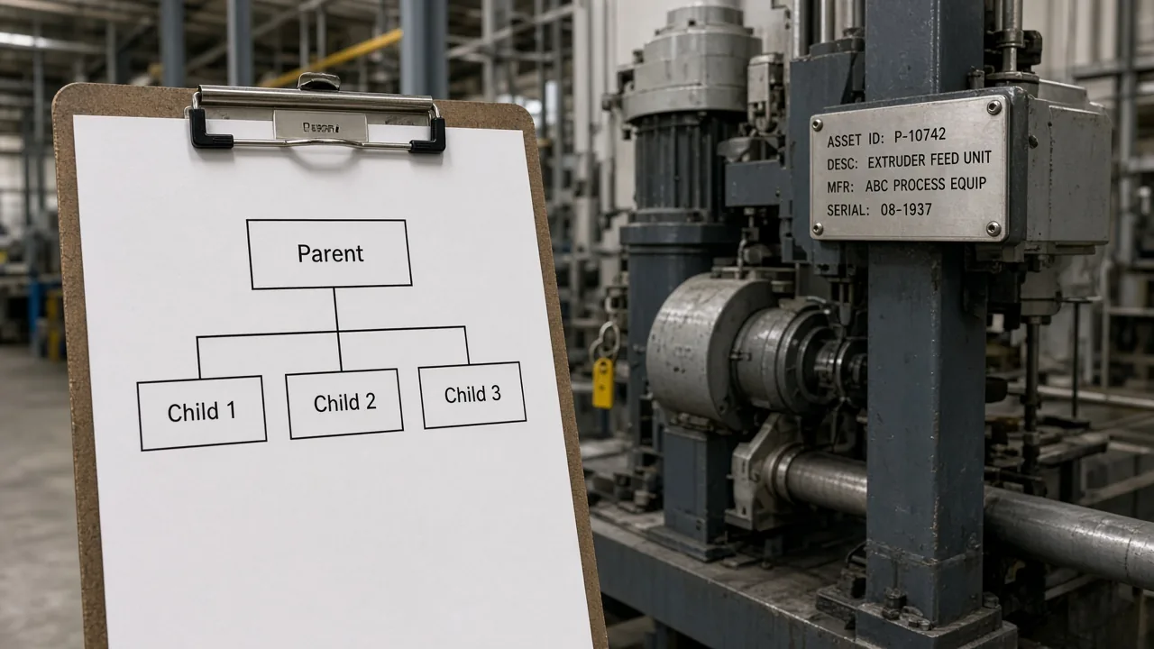Fixed-asset register tree showing one parent asset with several child subnumbers beside a tagged industrial machine