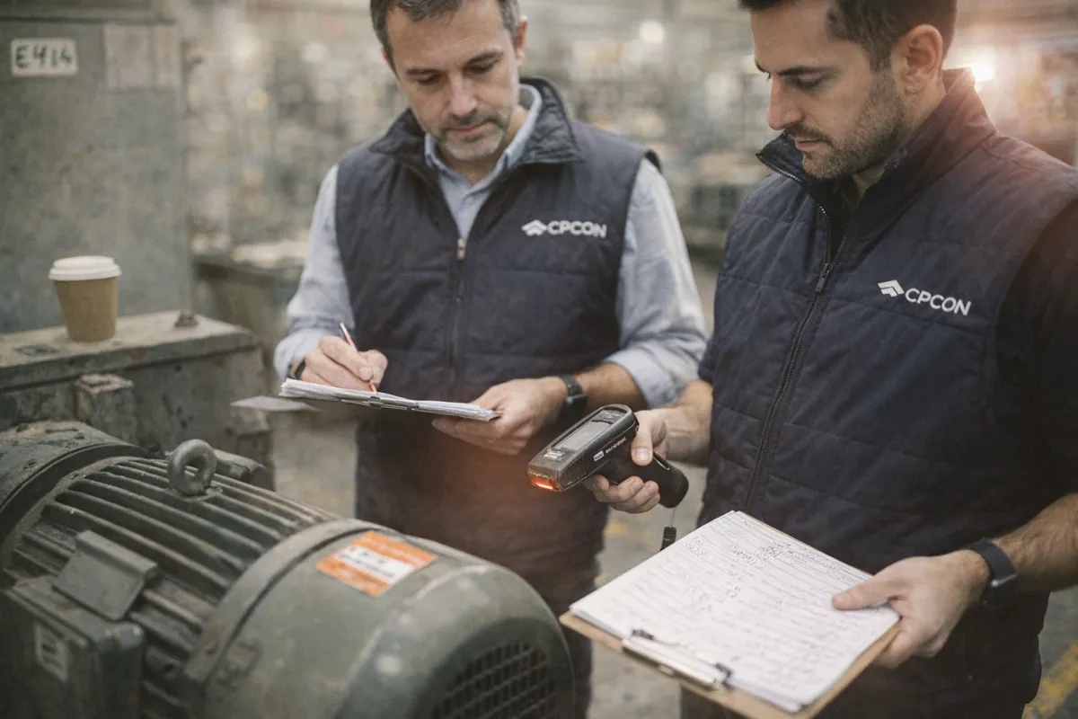 Auditors performing an independent physical inventory count of fixed assets in a facility with count sheets and asset tags