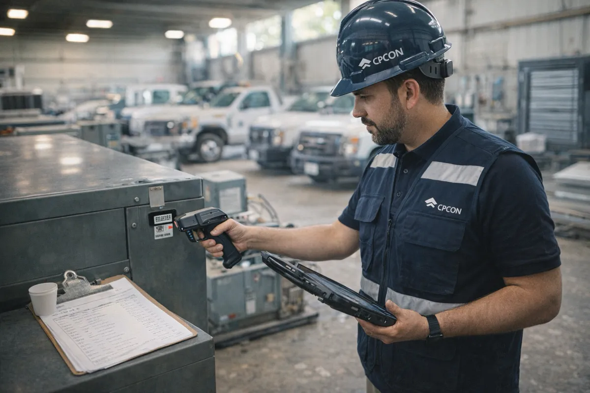 CPCON technician in a navy CPCON vest performing a capital asset inventory count, scanning a municipal backup generator with a handheld barcode/RFID scanner and rugged tablet