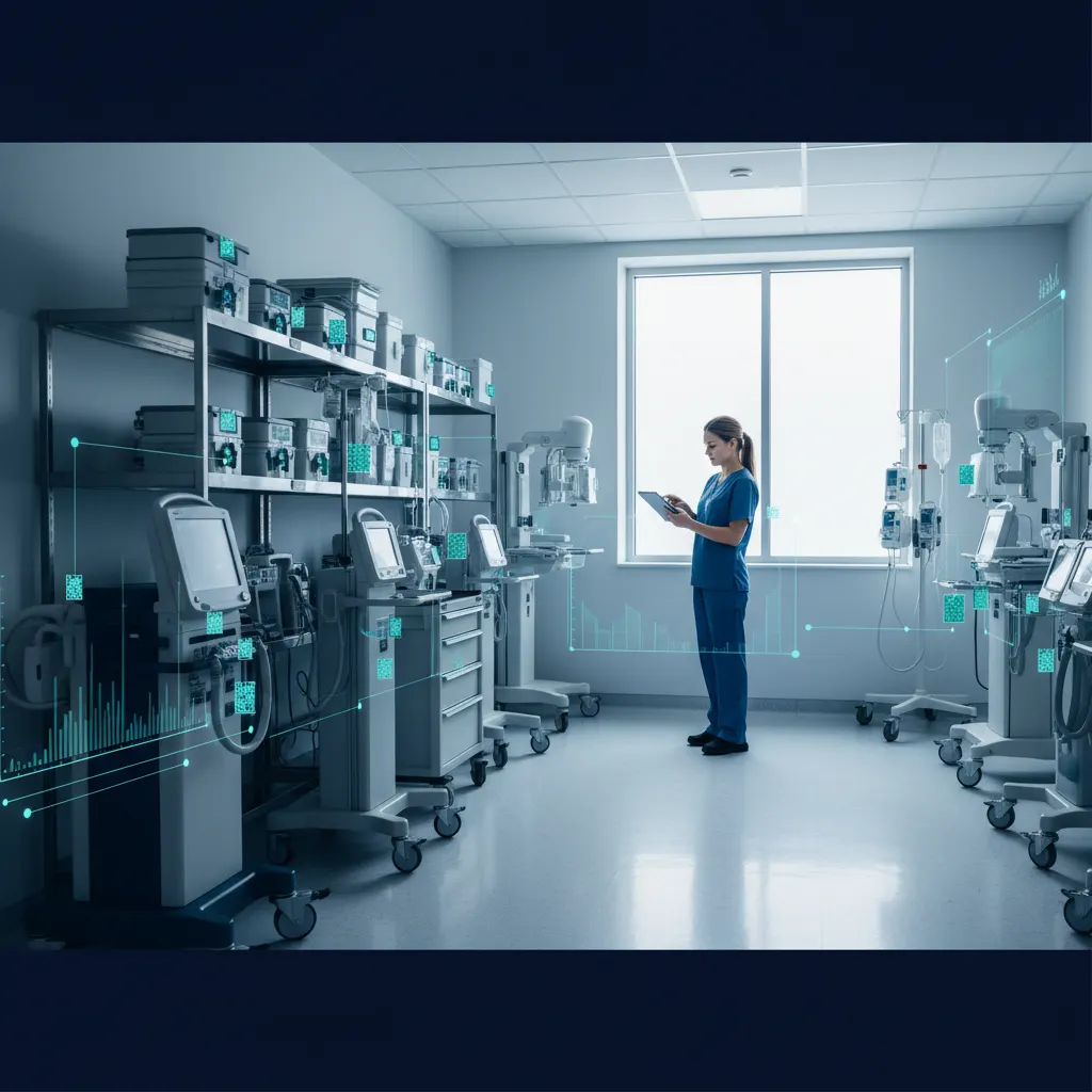 Healthcare asset tracking - nurse scanning medical equipment with tablet