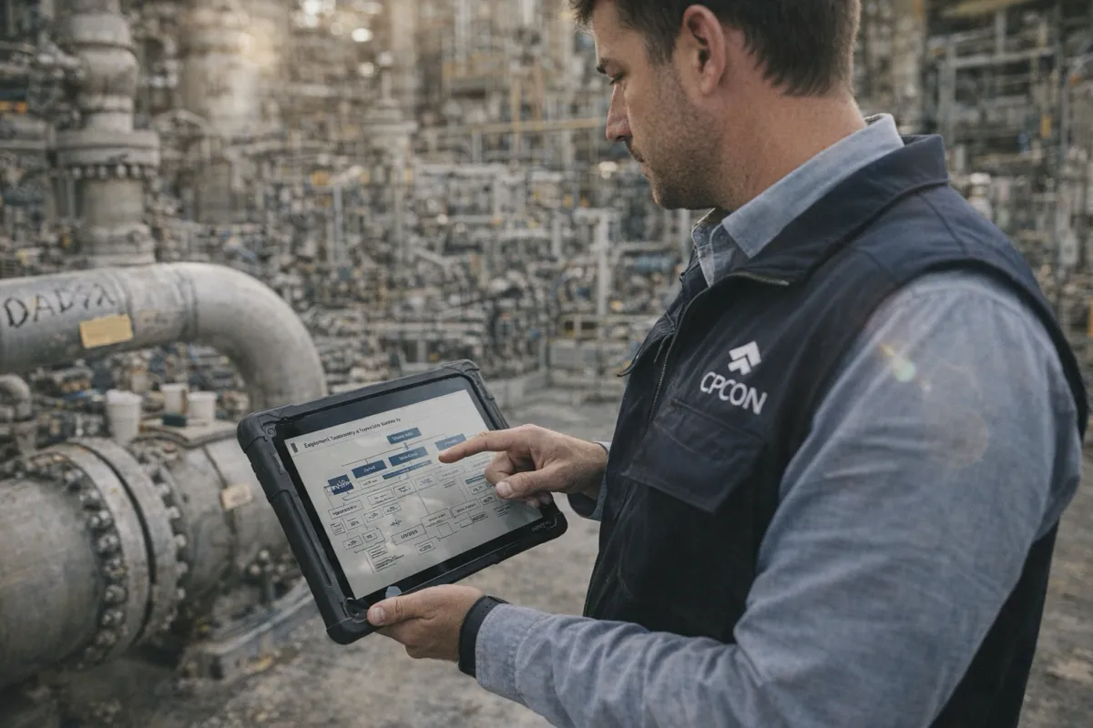 Reliability engineer reviewing an ISO 14224 equipment taxonomy and asset hierarchy against plant equipment