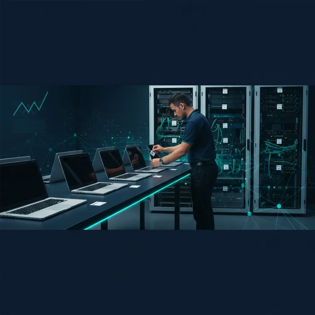 IT asset tagging - technician applying asset tags to laptops and servers