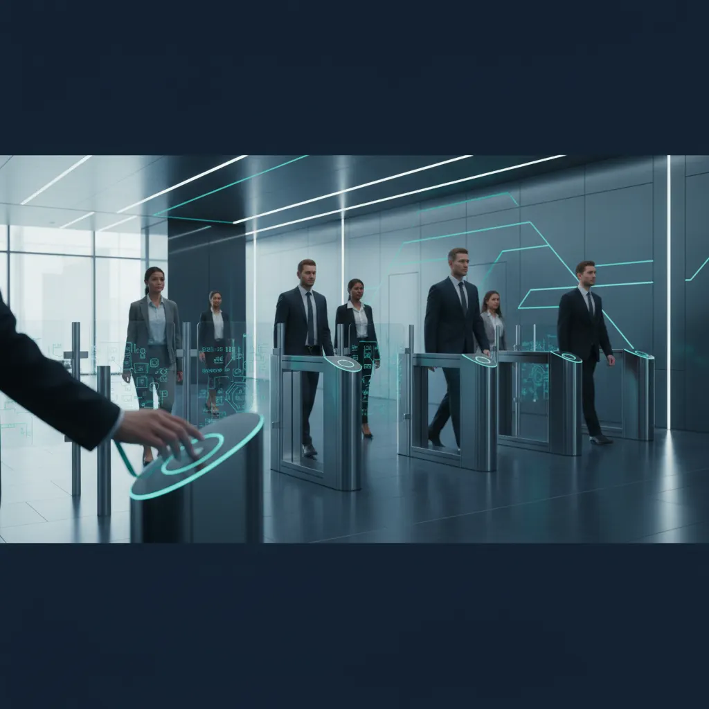 RFID employee tracking - employees using RFID badges at office security gates