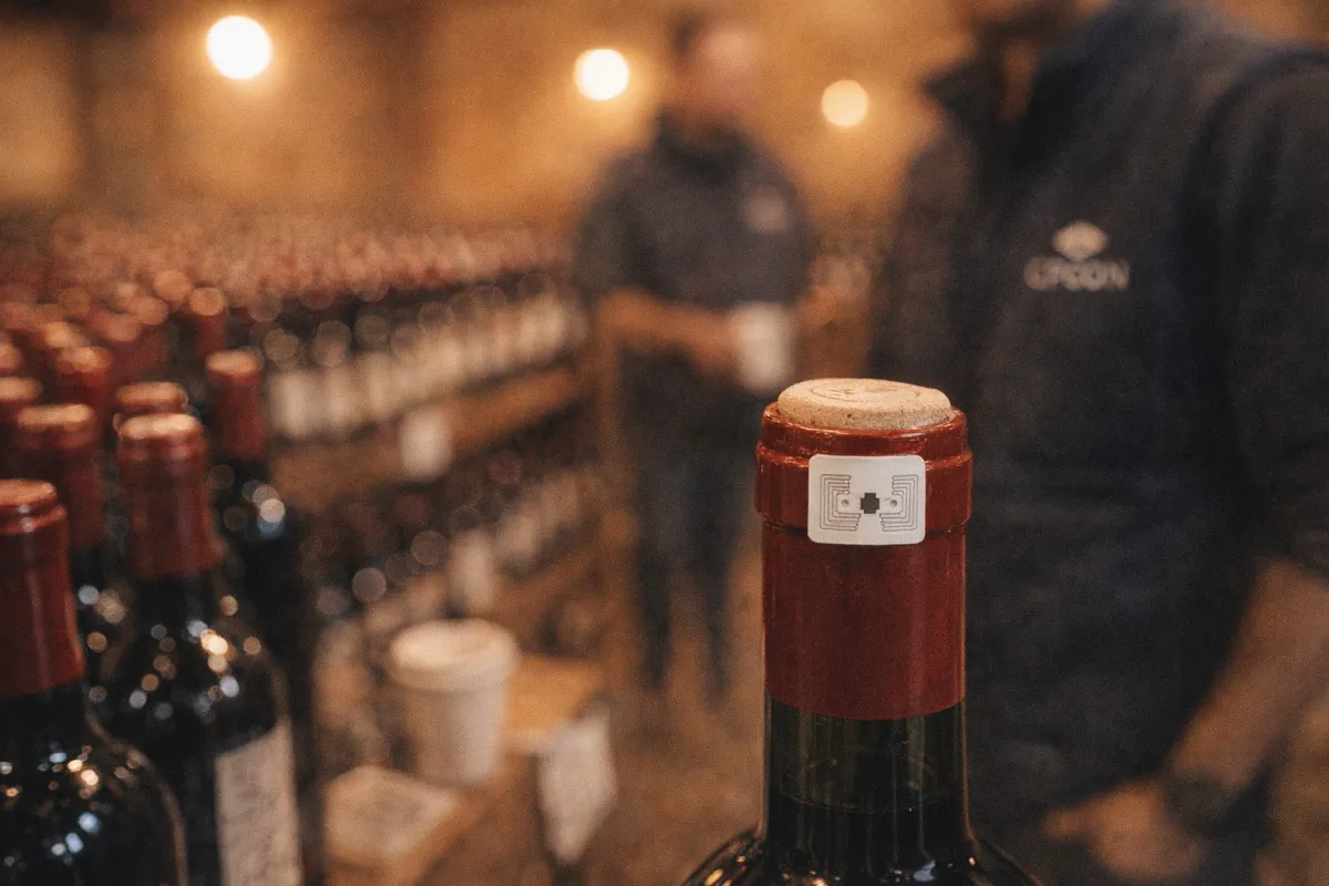 RFID cork tag on a wine bottle neck for bottle-level tracking