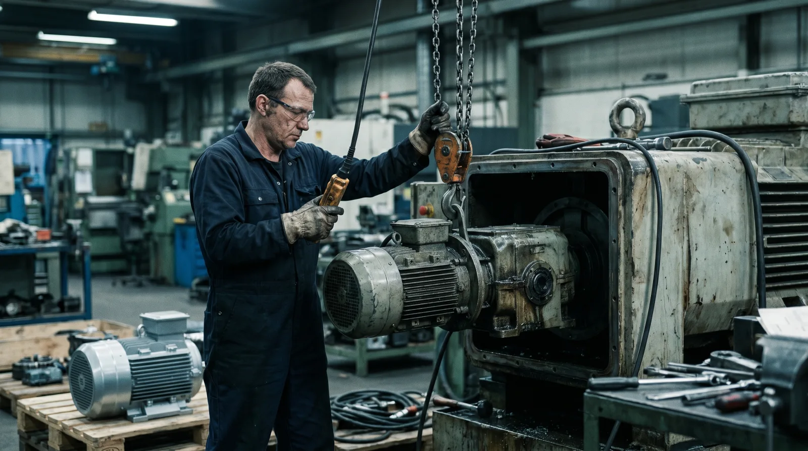 A maintenance technician hoisting a large electric drive motor out of an industrial machine — the component swap that breaks the fixed-asset register