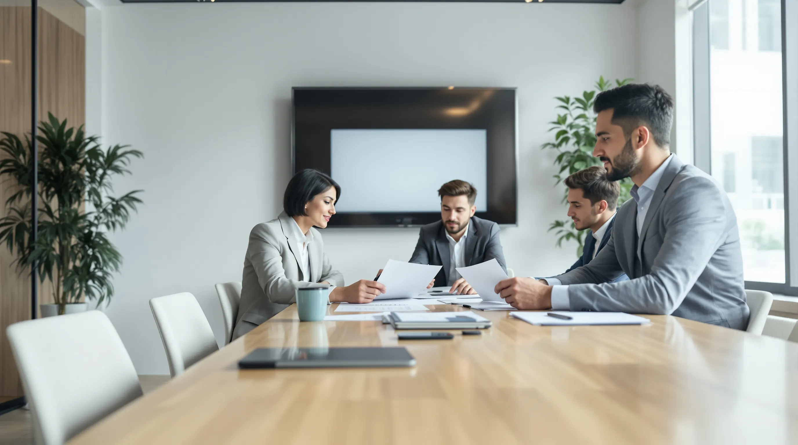Business executives reviewing compliance documents at a corporate boardroom conference table