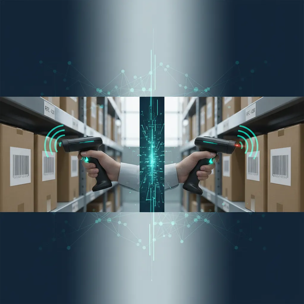 Illustrative barcode/scan and RFID capture pairing for industrial cycle counts; sim where noted. No vendor logos as proof and no accuracy percentage callouts