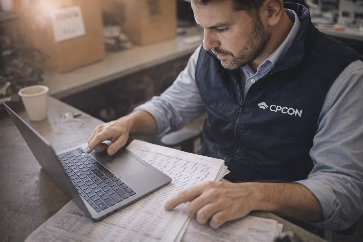 Business professional reviewing SOX compliance documents and financial audit paperwork for fixed asset internal controls
