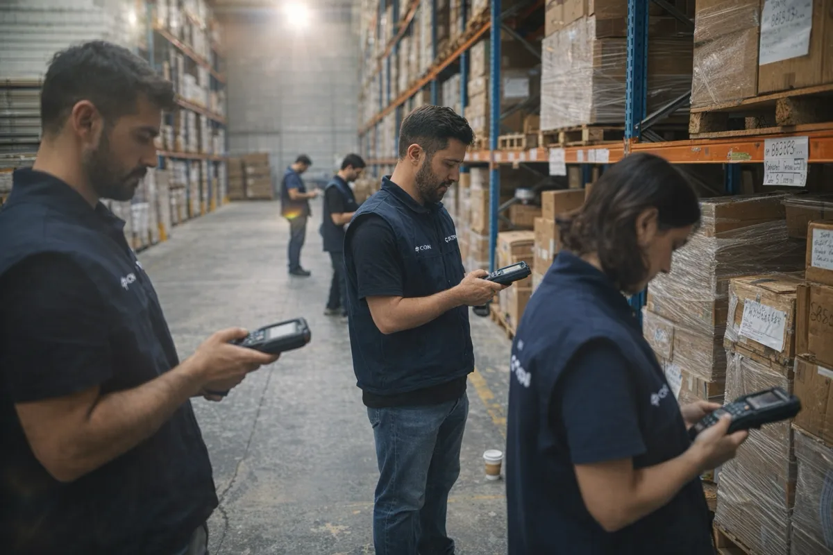 Inventory count team performing a statistically sampled physical count in a distribution warehouse