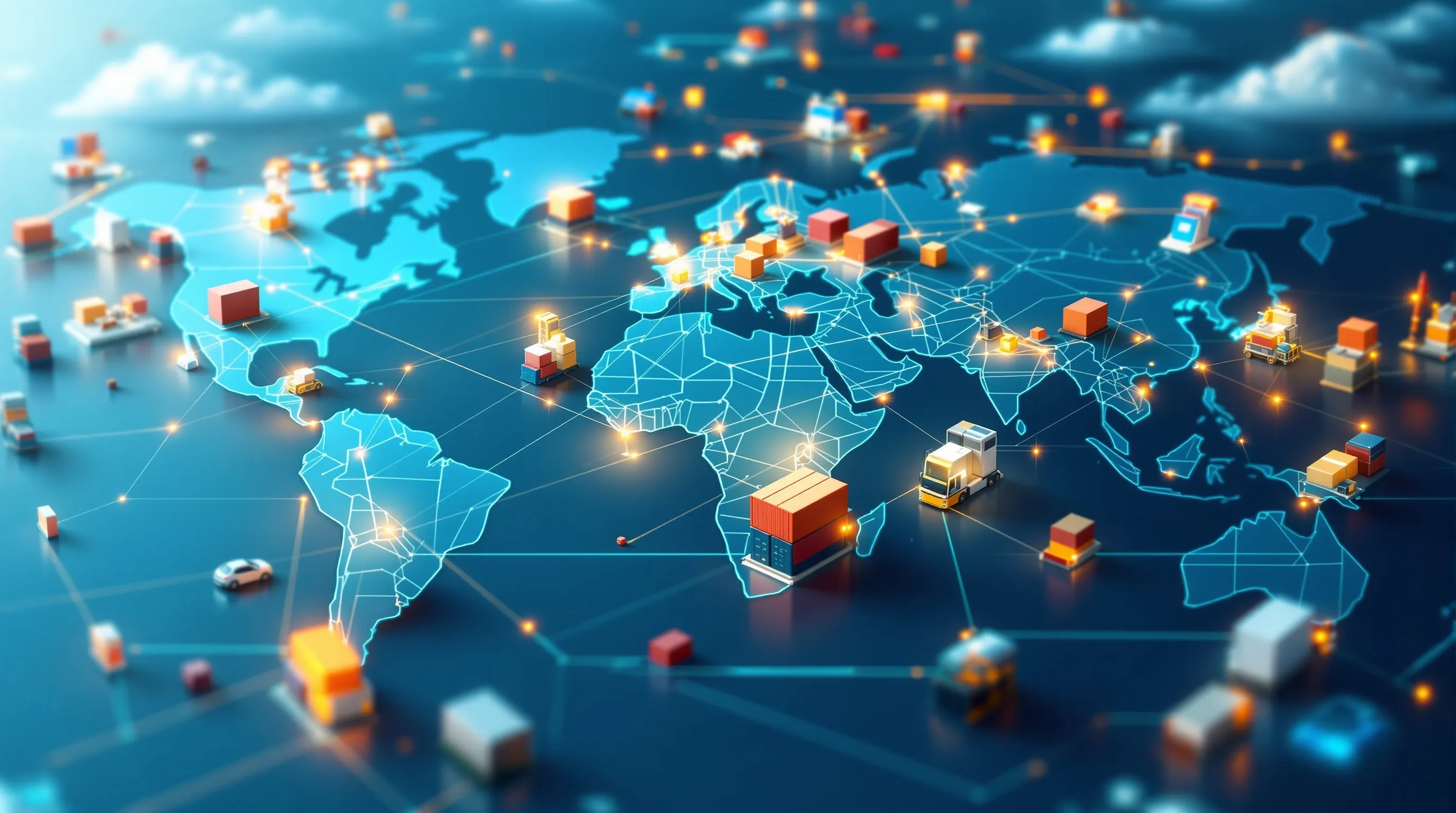 3D world map with miniature shipping containers, trucks, and interconnected global logistics routes