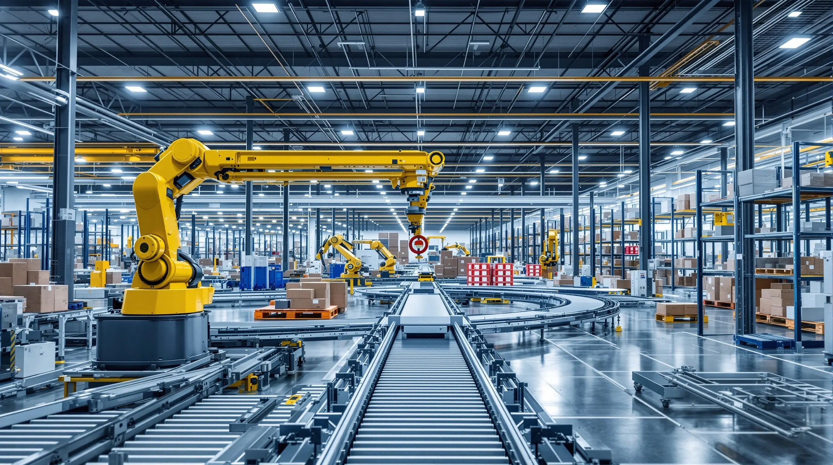 Automated warehouse with yellow robotic arms and conveyor belt systems handling packages and pallets