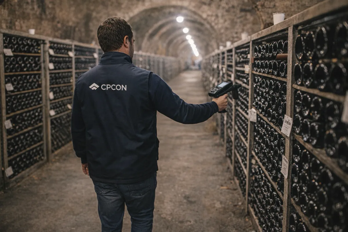 Technician stocktaking a wine cellar with a handheld RFID reader