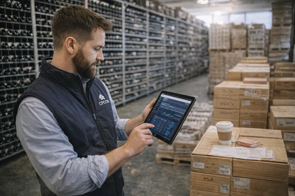 Winery inventory management software dashboard with RFID bottle tracking