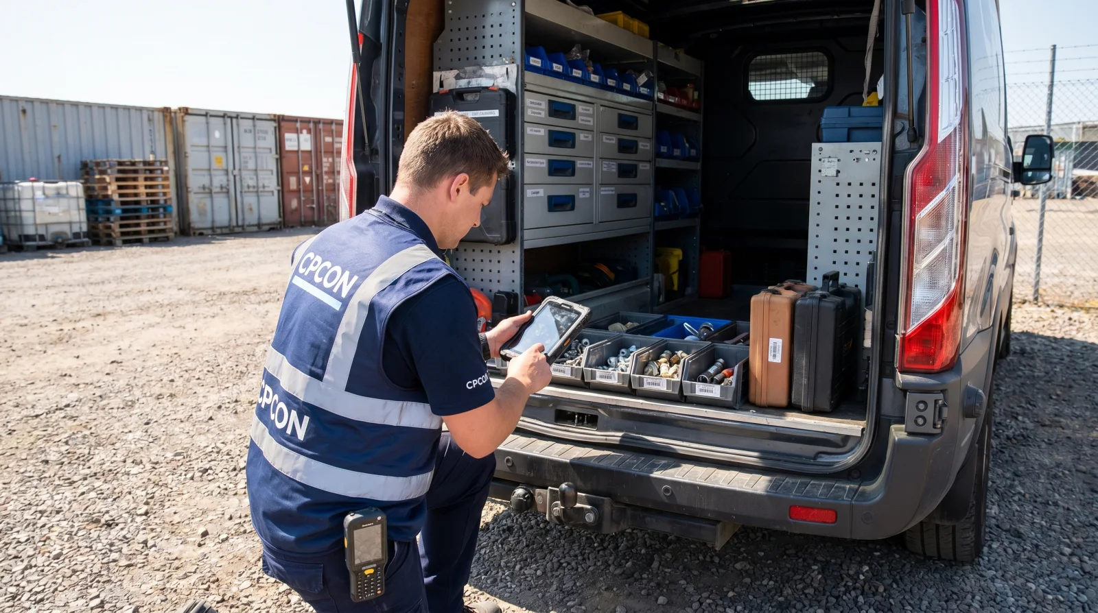 CPCON inventory counter counting spare-parts truck-stock in the cargo bay of a service van at an industrial depot