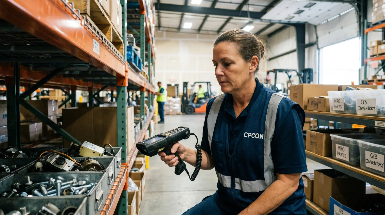 CPCON counter scanning labeled MRO parts and inventory bins on warehouse shelving