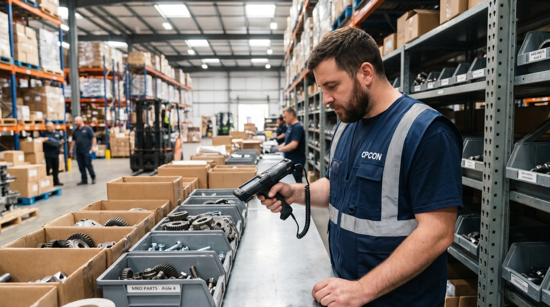 CPCON inventory counter on-site scanning and counting MRO spare parts in labeled bins on warehouse racking