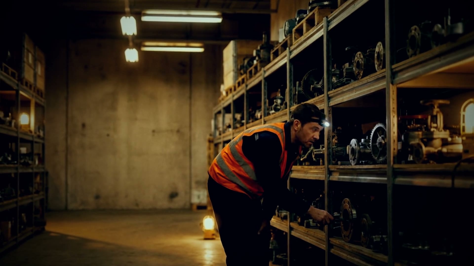 Maintenance technician searching a parts storeroom
