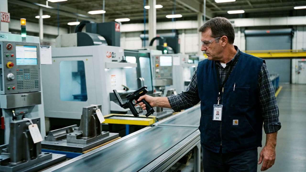 CPCON asset technician scanning tagged production-line machines with a handheld UHF RFID reader