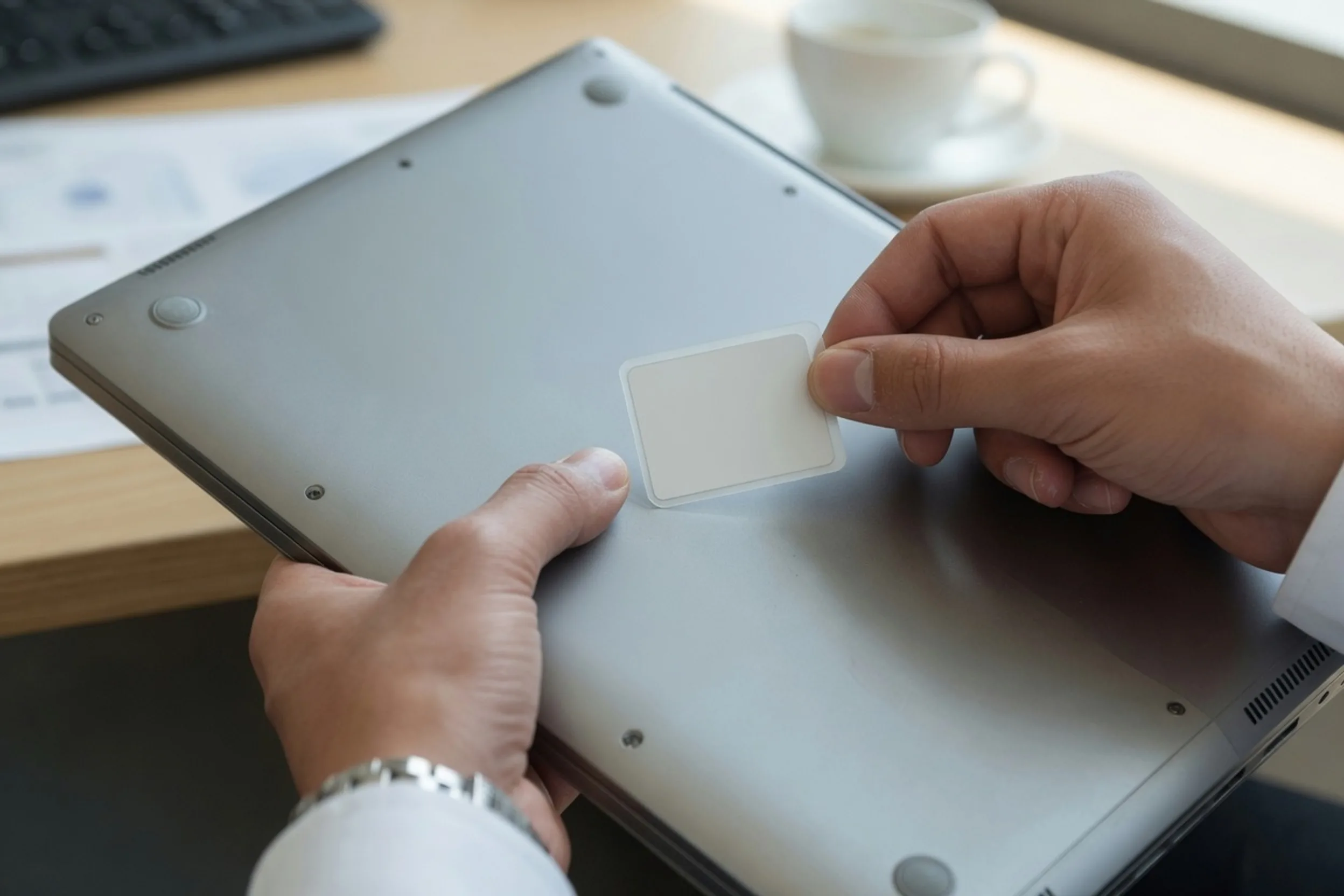 On-metal RFID tag applied to a laptop during the Saudi office program