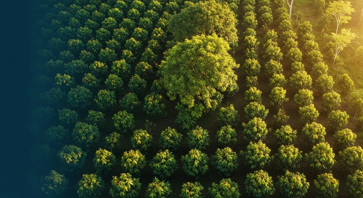 Cocoa plantation and rainforest boundary illustrating EUDR deforestation regulation impact