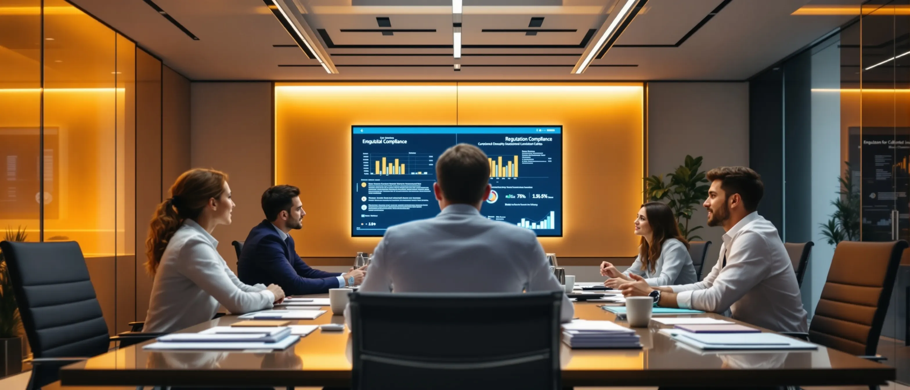 Fixed asset compliance team reviewing GAAP and IFRS regulatory standards in corporate office