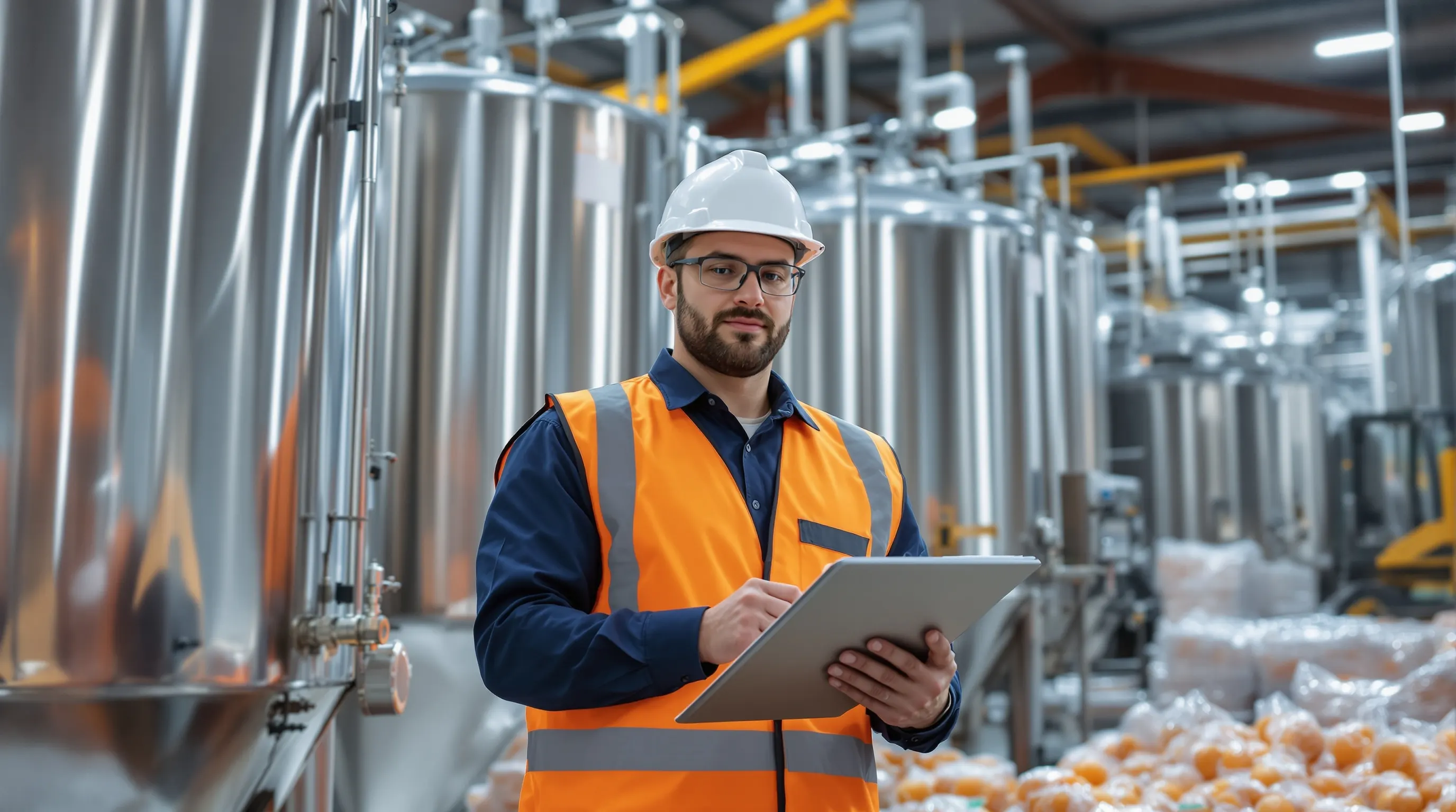 CPCON specialist conducting FCOJ inventory control and commodity supervision in temperature-controlled cold storage facility with frozen concentrated orange juice tanks and professional monitoring equipment