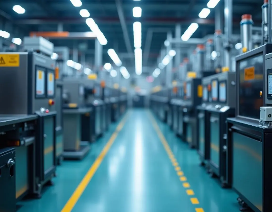 Manufacturing plant floor with barcode-tagged industrial equipment for centralized asset registry and SOX-compliant depreciation tracking