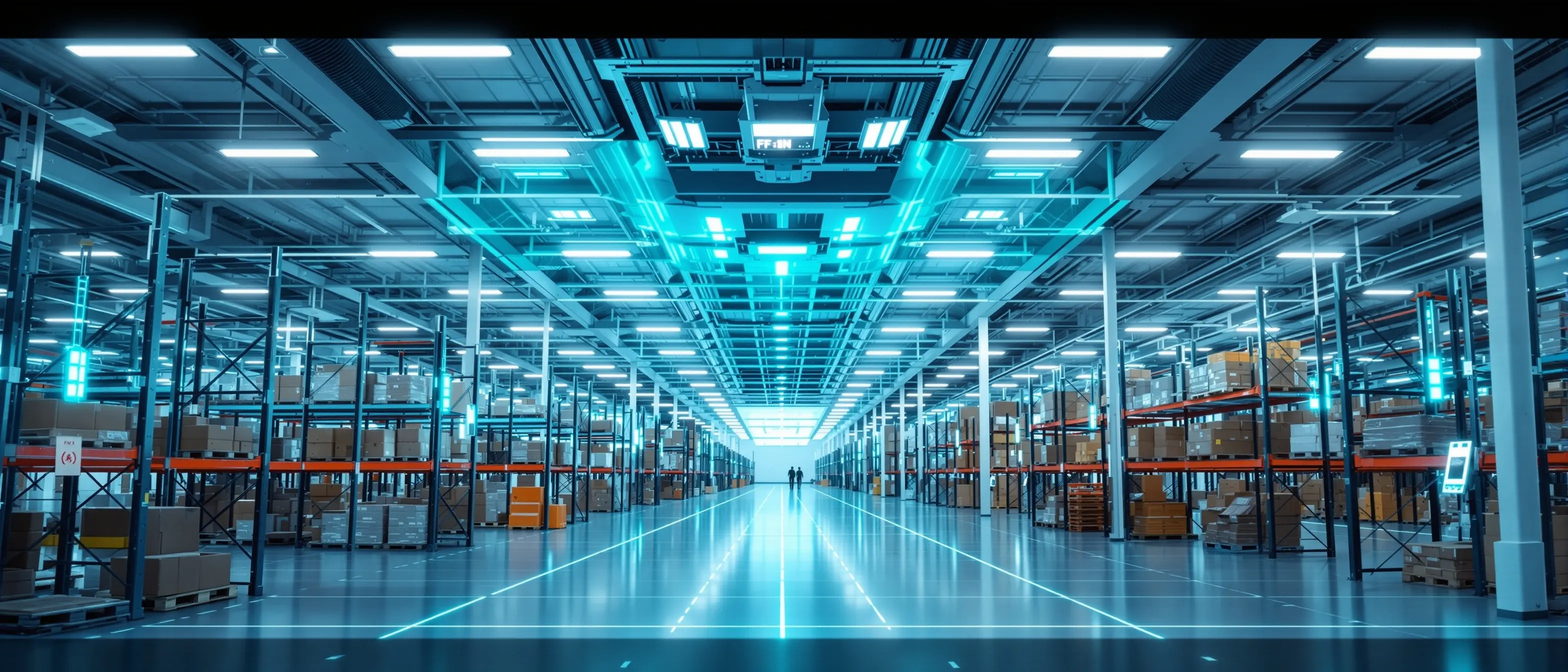Modern inventory technology with RFID scanning and IoT sensors in smart warehouse facility