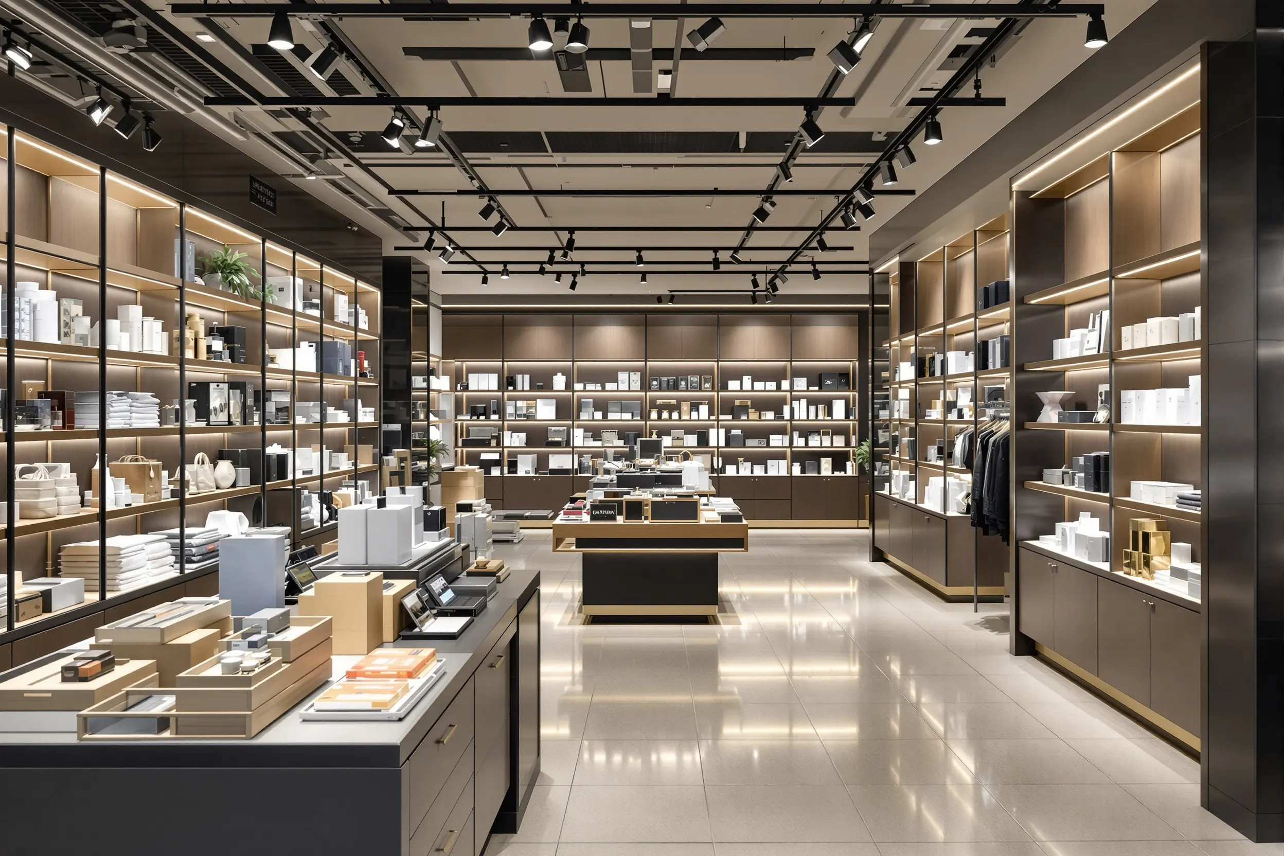 Modern retail store interior with POS systems and organized fixtures for multi-location fixed asset coordination and tracking