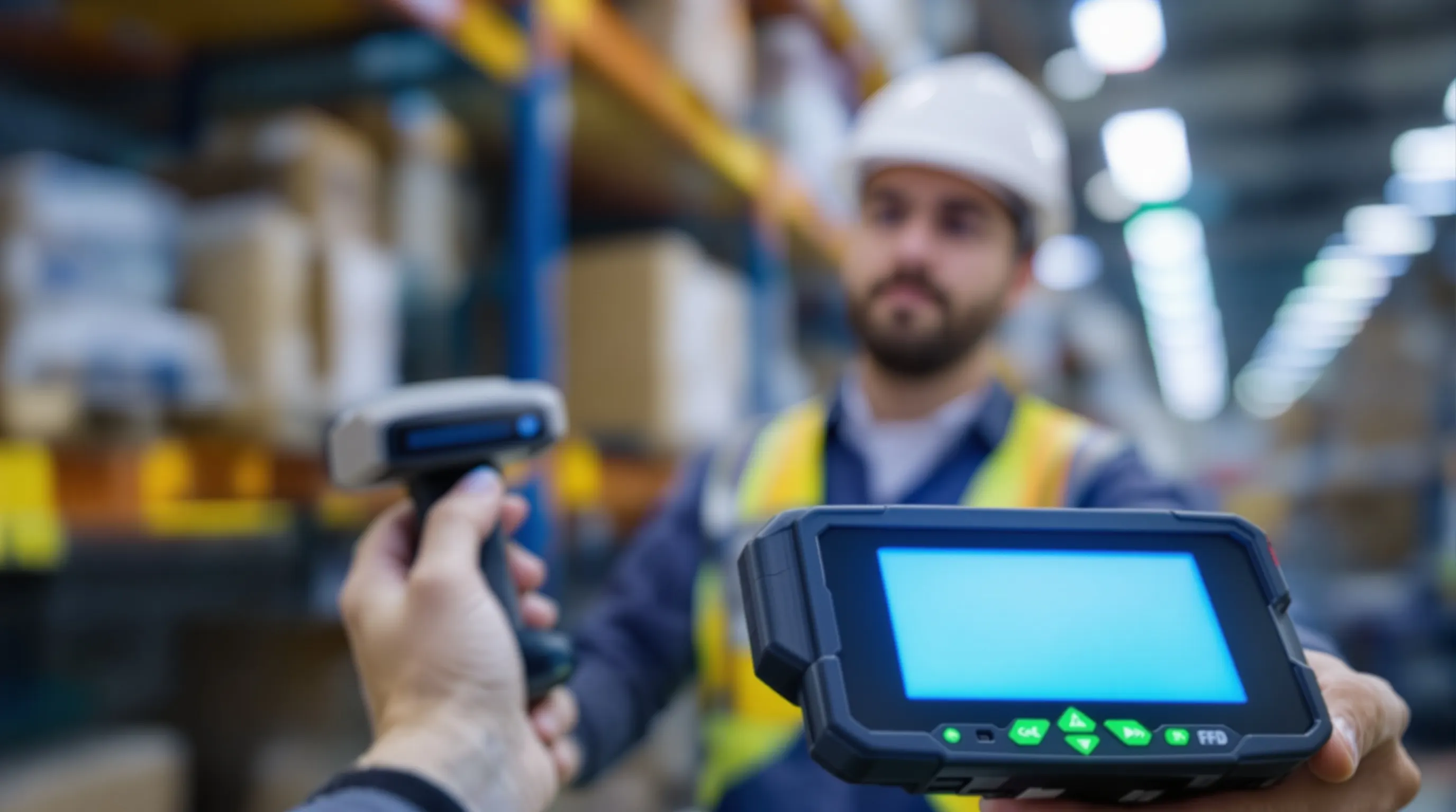 Professional warehouse worker using RFID handheld scanner for real-time inventory counting with AI-powered recognition technology in modern facility