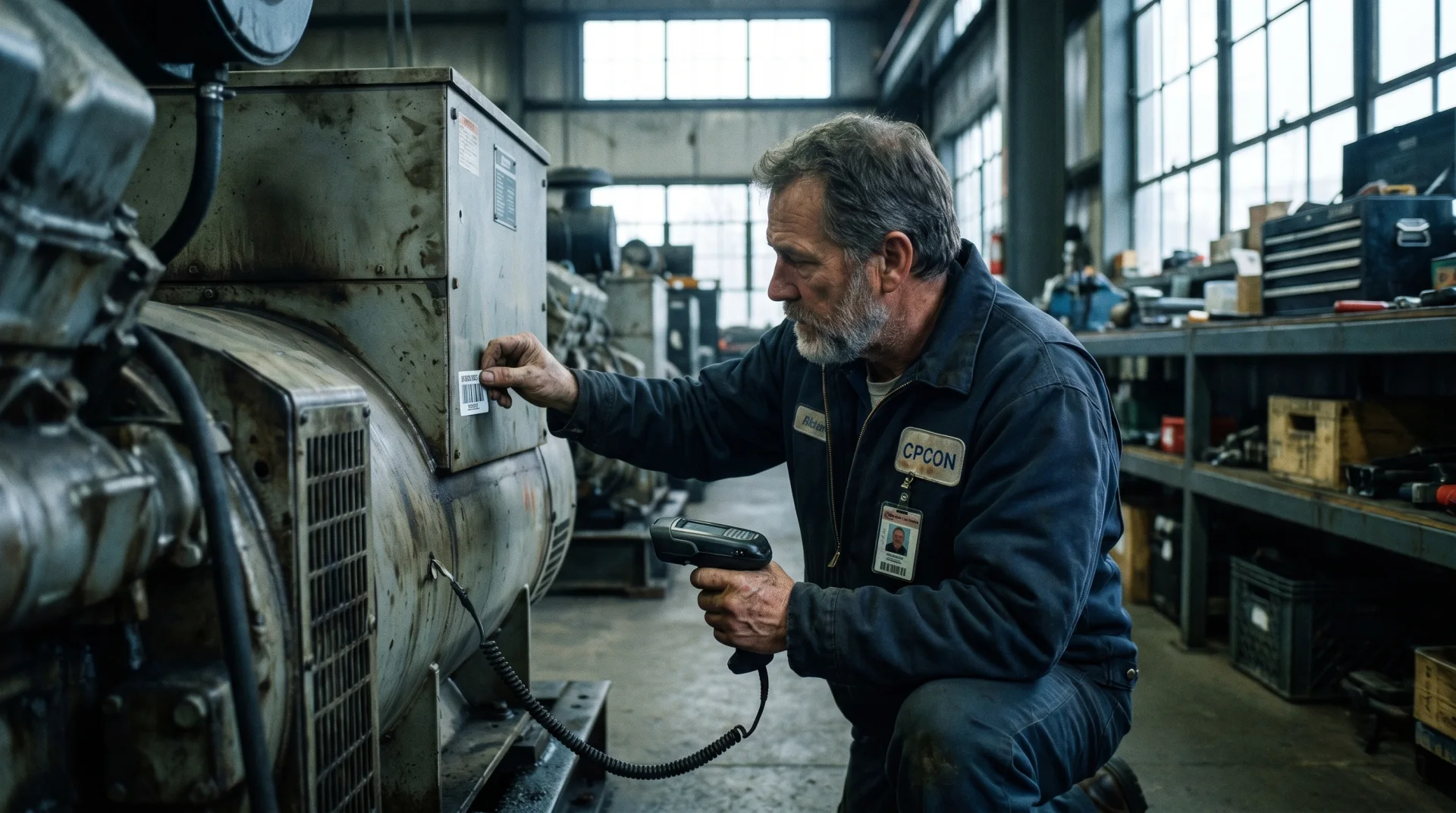 CPCON asset technician on-site applying and scanning a durable barcode tag on industrial equipment