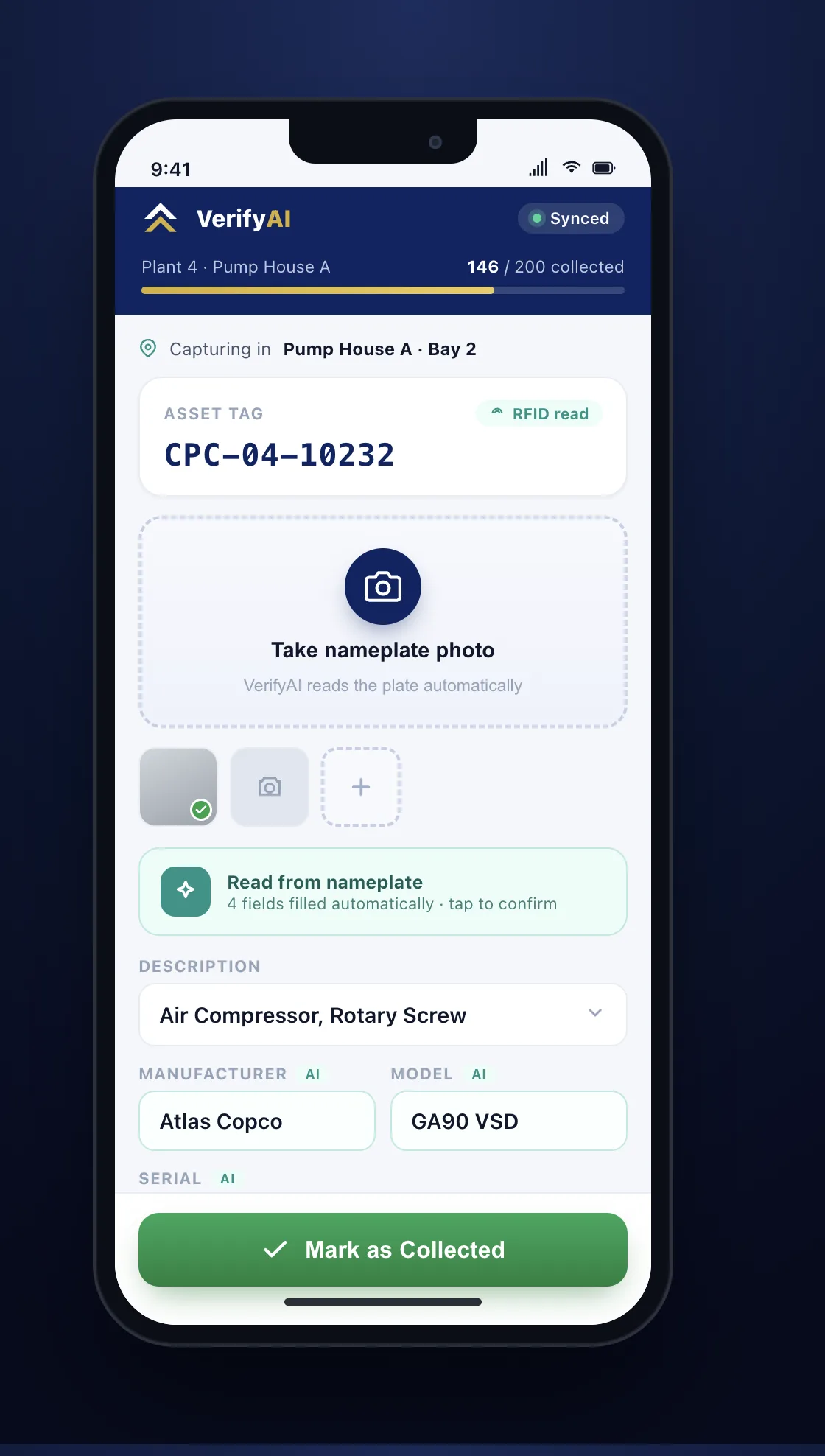 CPCON VerifyAI mobile field-capture app on a phone