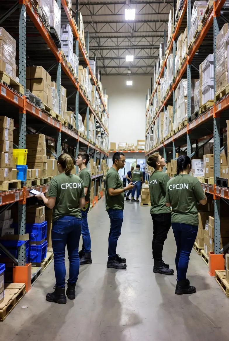 CPCON crew in branded shirts conducting physical inventory count in a warehouse aisle with racking