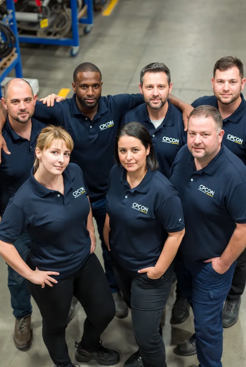 CPCON inventory team in branded navy polo shirts at a warehouse facility