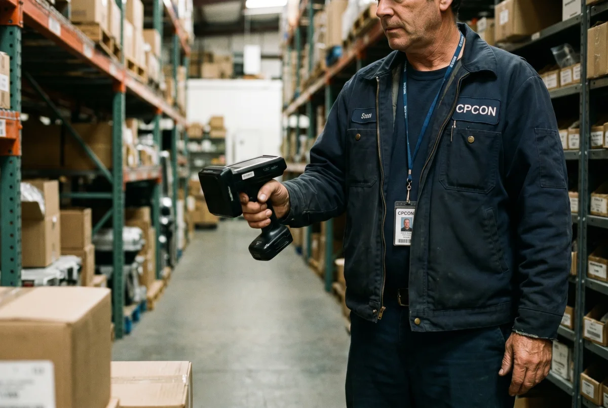 CPCON asset technician in CPCON uniform pointing a UHF RFID handheld reader down a warehouse aisle to read tagged assets