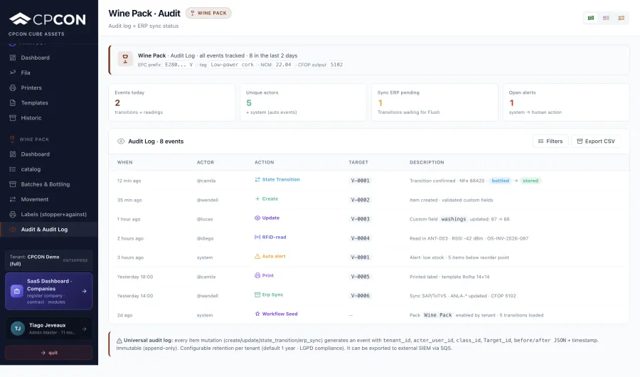 Immutable audit log with SAP and TOTVS ERP reconciliation