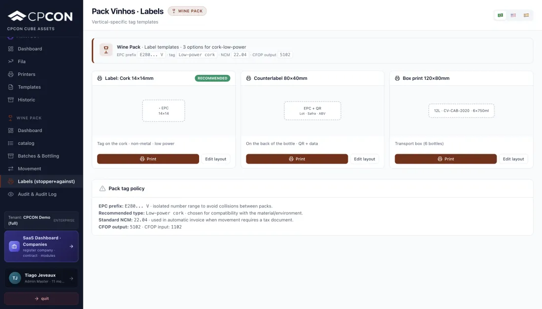 RFID and QR wine bottle label templates in the CPCON platform